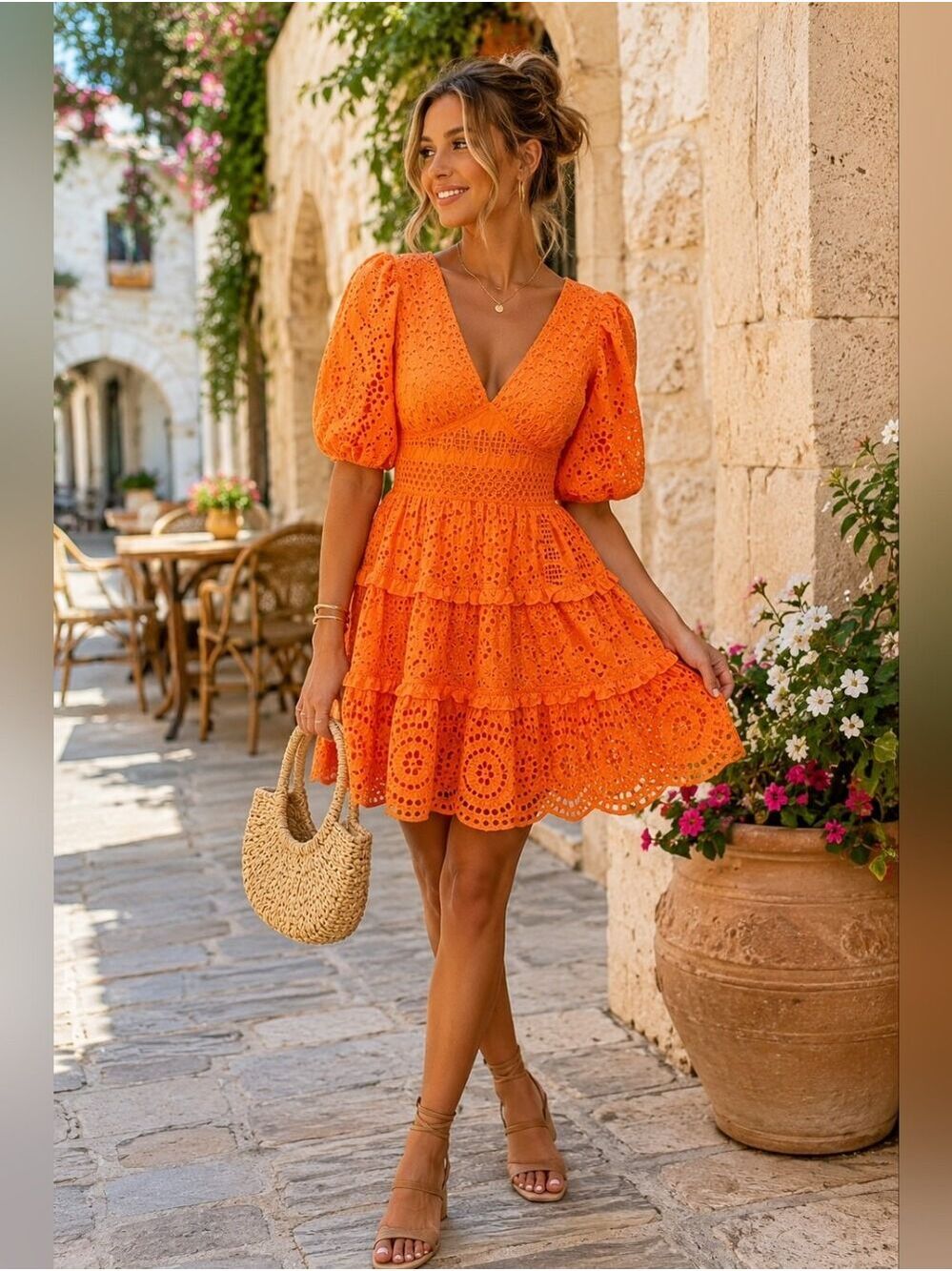 Cynthia Rowley NWT Orange Eyelet Embroidered Mini Dress Women’s Size 6 Boho Cott